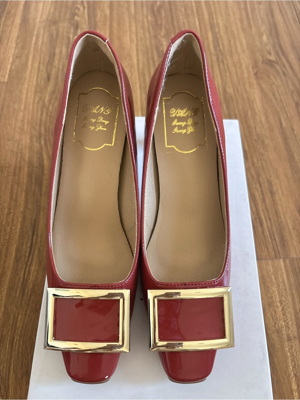 Red Patent Square-Toe Pumps with Gold Buckle
